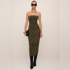 Reformation x Veda Chrystie Strapless Suede Leather Midi Dress Olive Green Mesa